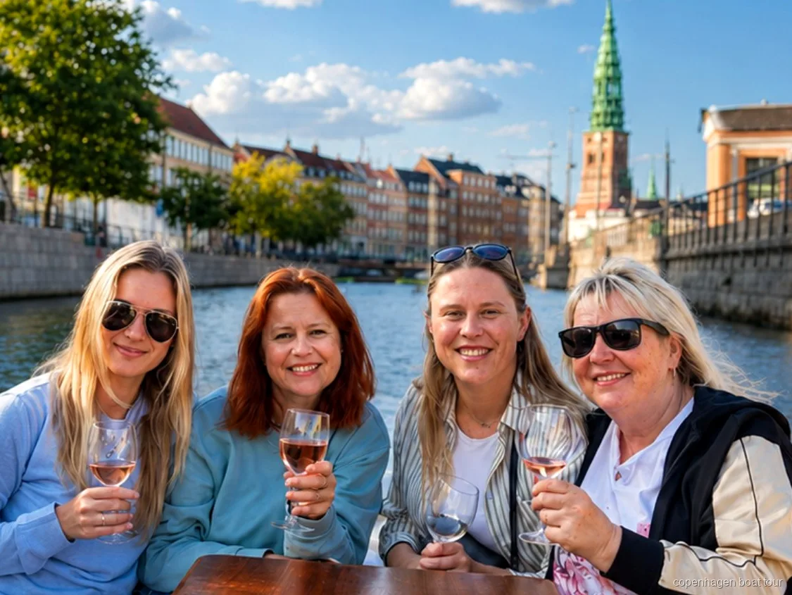 Gasten aan boord van de luxe boottocht Kopenhagen varen langs Christiansborg Palace