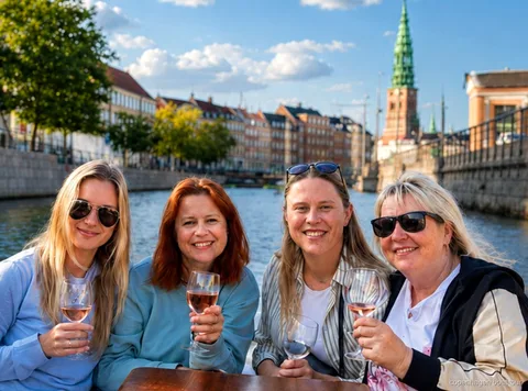 Gäste an Bord der Kopenhagen Luxus-Bootstour fahren an Schloss Christiansborg vorbei