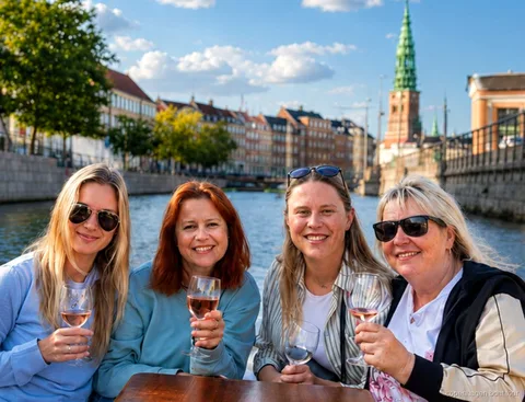 Invitados a bordo del paseo en barco de lujo de Copenhague navegando junto al Palacio de Christiansborg