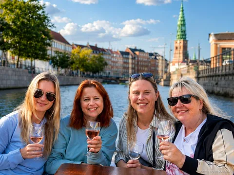 Convidados a bordo do passeio de barco de luxo em Copenhagen passando pelo Palácio de Christiansborg