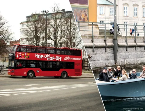 Piętrowy autobus rejsu autobusem i statkiem po Kopenhadze przy Ogrodach Tivoli