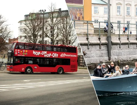 Bus turistico a due piani del tour in bus e battello a Copenaghen vicino ai Giardini di Tivoli